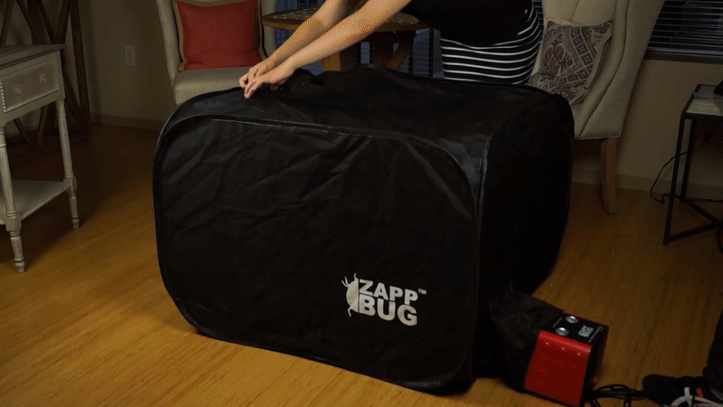 a animated gif of a lady loading the ZappBug Oven 2 with a nightstand and carry on luggage
