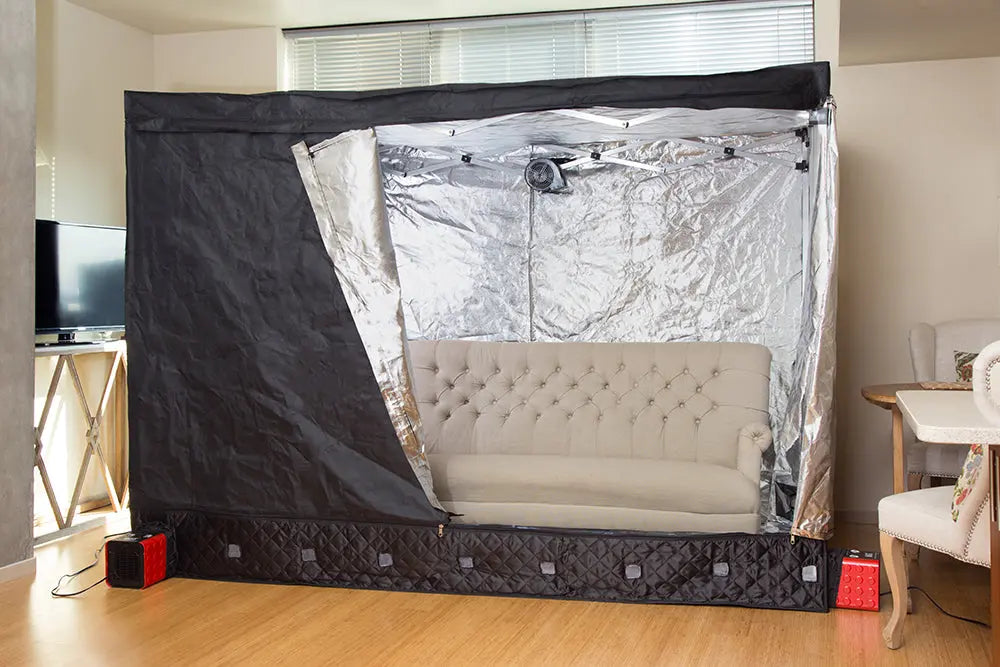 ZappBug Room in a living room half open displaying a cloth couch being treated