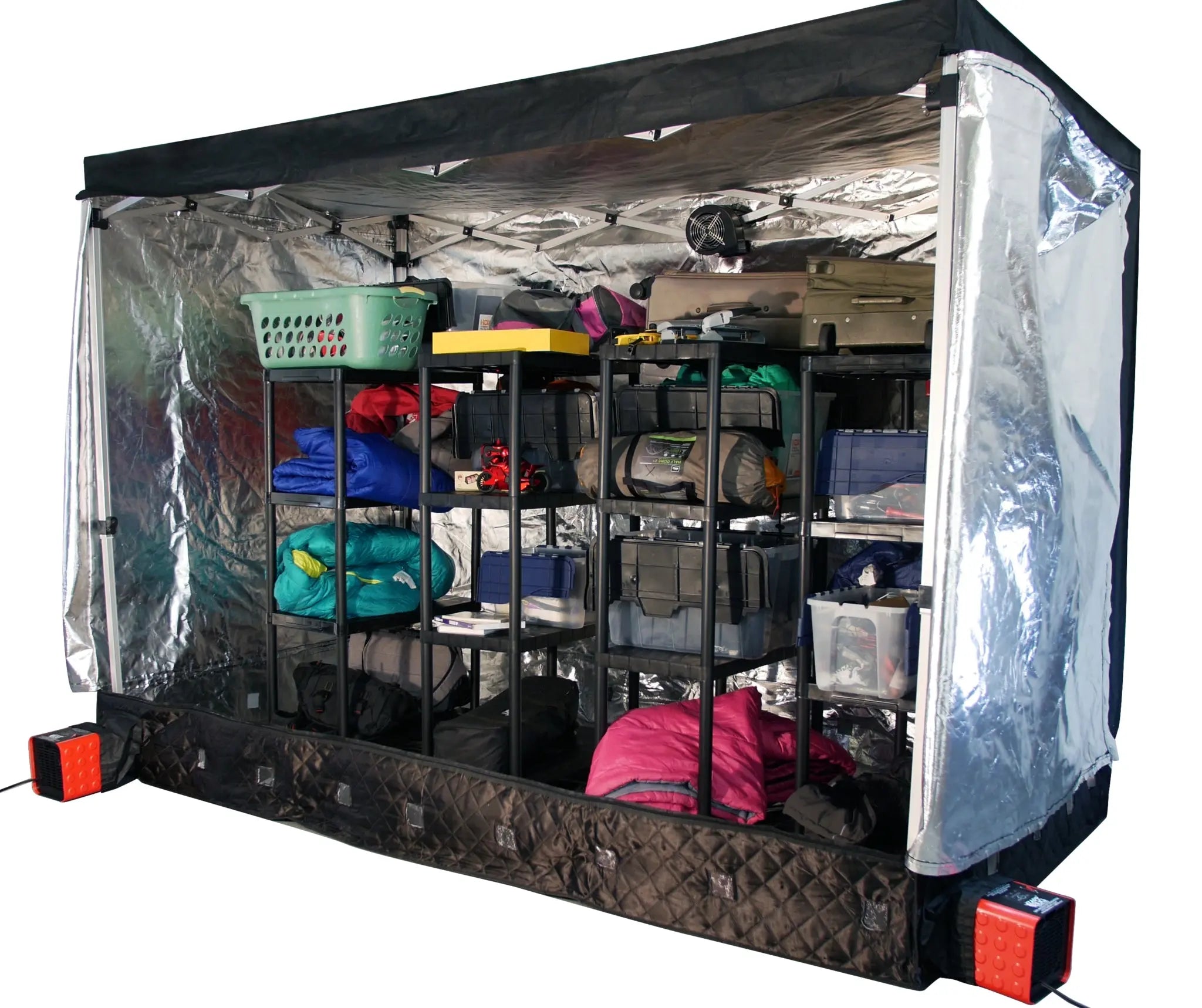 ZappBug Room with self standing plastic shelving units placed inside and loaded with random household items